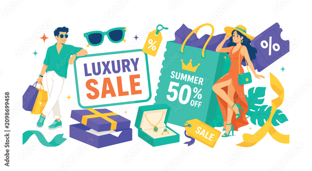 Fototapeta premium Luxury Summer Sale wide panoramic website header banner with 2 expressive stylized premium shoppers posing with oversized elegant shopping bag and giant summer discount voucher spread across full
