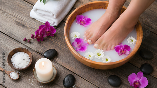 Relaxing spa foot soak with milk bath, orchid flowers, smooth stones, sea salt, and candle on a rustic wooden table. Perfect for wellness, self-care, beauty, relaxation, and luxury spa concepts.