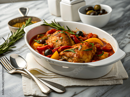 Chicken Cacciatore in White Ceramic Dish with Bell Peppers, Olives and Rosemary on Marble Countertop