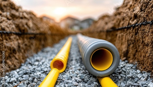 Utility pipes laid in a ground trench on a gravel bed at sunset