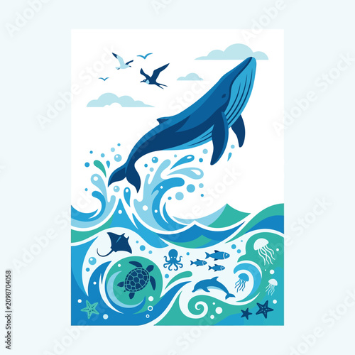 Photography A blue whale leaps gracefully over stylized ocean waves with sea life