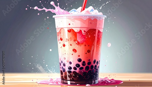 Vibrant Bubble Tea with Spilled Pink Liquid Wooden Surface