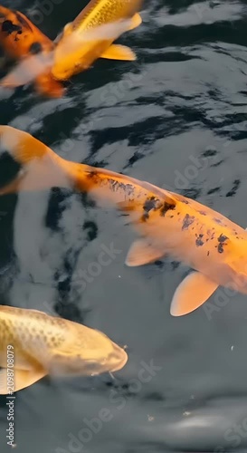 Orange and white koi fish swimming in dark garden pond.