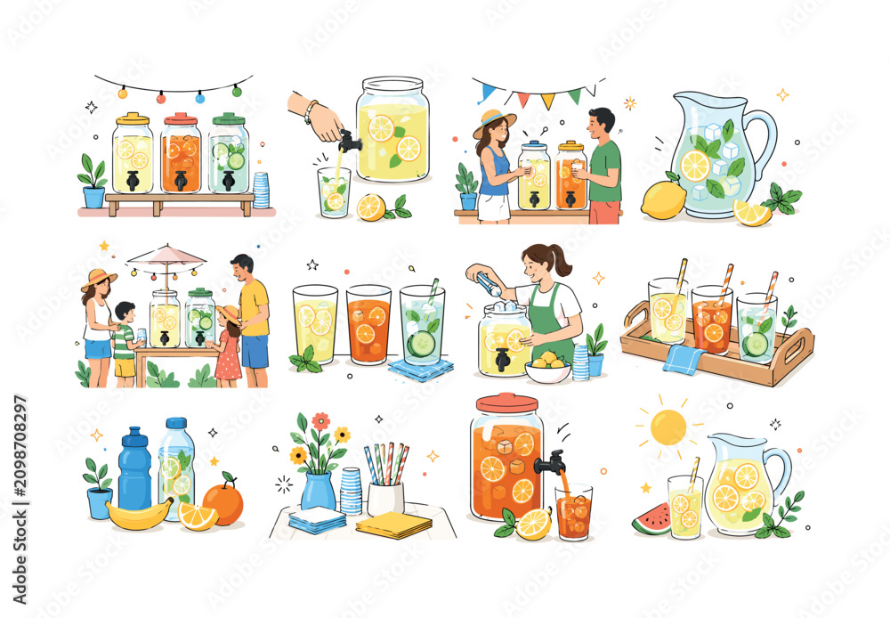 Naklejka premium National Refreshment Drink Station. Refreshment day, drink station, cold lemonade, iced tea, infused water, summer party, beverage dispenser, hydration, citrus, mint and backyard gathering. 12