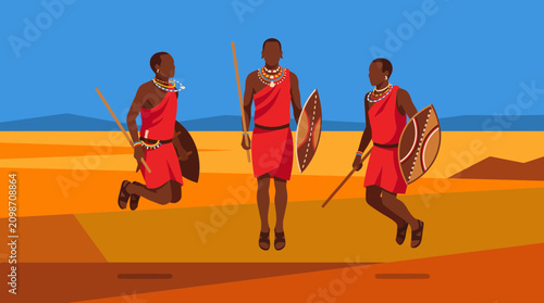 Fotografia Maasai Warriors Performing Jumping Dance Flat Style Vector Illustration