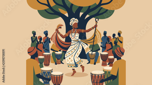 Fotografie Yoruba Priestess Performing Orisha Dance Ritual Flat Style Vector Illustration