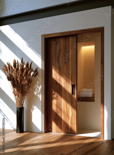 Wooden sliding door in a minimalist interior with natural light