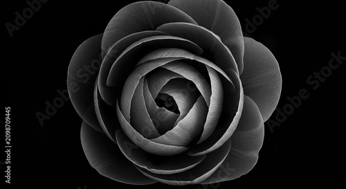 Monochrome rose flower close up against black background decorative artwork