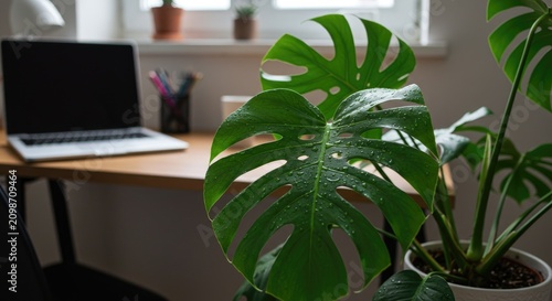 Monstera plant in home office setting next to a laptop computer on desk