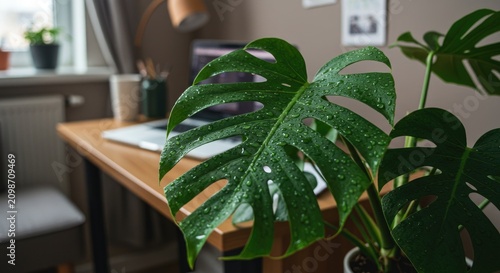 Monstera deliciosa plant in home office with laptop and desk