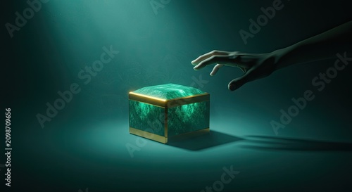 Mysterious emerald box illuminated by a soft light with reaching hand