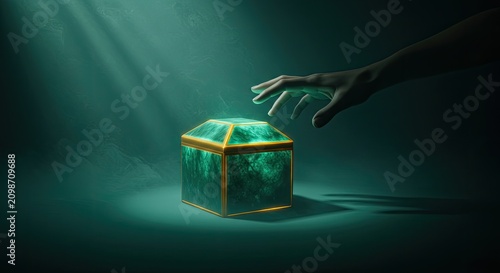 Mysterious glowing box with reaching hand illuminated by dramatic light