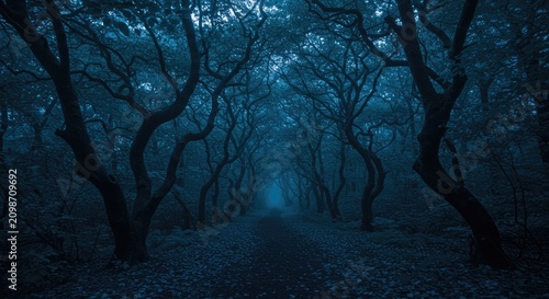 Mysterious forest path with silhouetted trees enveloped in deep blue twilight