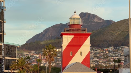 Mouille Point Lighthouse with Cape Town City and Table Mountain in the background.