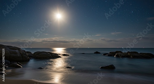 Nighttime seascape with bright moon reflecting on calm ocean water