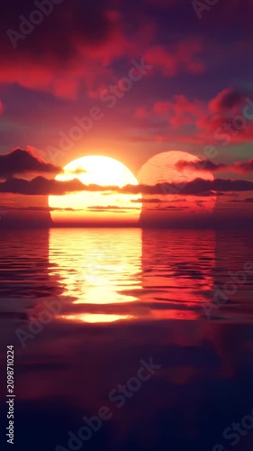 Surreal sunset with two suns reflecting on calm ocean water.