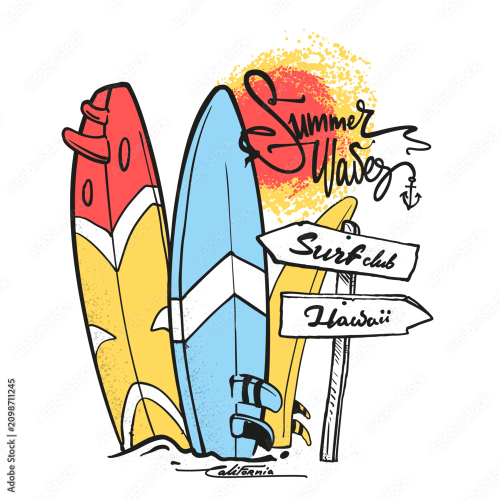 Obraz premium Summer Surfboards with Sun, Waves and Direction Arrows T-Shirt Design
