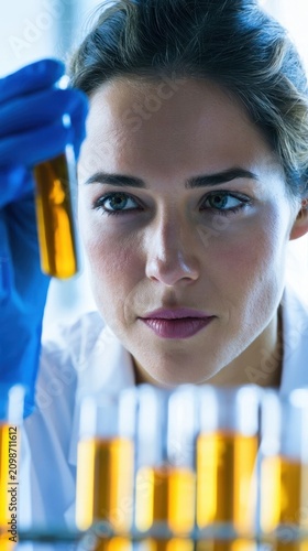 Young woman scientist in lab coat examining yellow liquid in test tubes with blue gloves