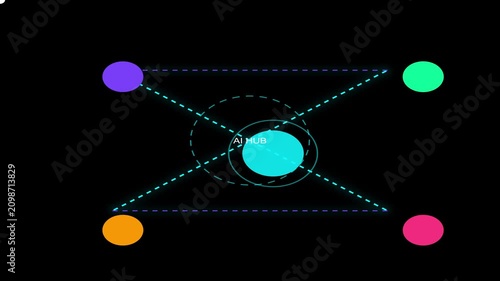 Abstract digital network visualization with interconnected colorful nodes and dynamic dotted lines on a dark background, representing data flow or complex system architecture for technology