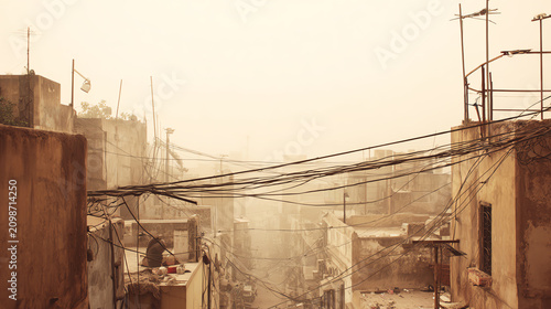 A hazy cityscape featuring interconnected rooftops surrounded by electrical wires, showcasing urban living in a warm atmosphere.