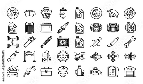 Φωτογραφία Car service outline icon set with engine brake rotor and maintenance vector