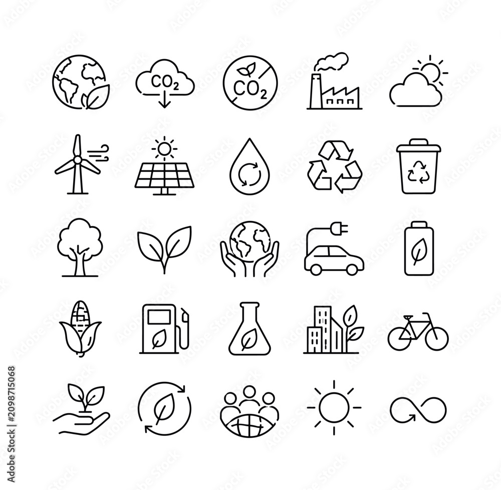 Fototapeta premium Net Zero Climate, line icon set, create 25 clean outline icons for net zero, green energy, CO2 neutral, gas emissions, climate, ecology, recycling, tree, agriculture, environmental technology,