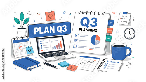 Q3 Planning Workspace. Editorial banner scene with a laptop and notebook on a desk beside an oversized Q3 planning document and giant coffee cup, workspace papers and calendar tabs reaching all edges,