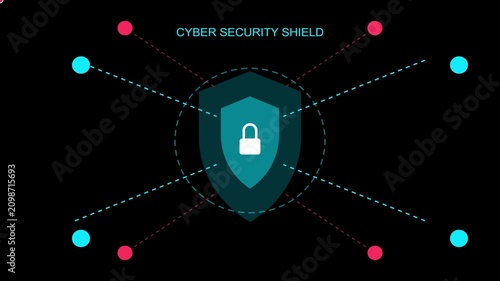 Cybersecurity shield icon with padlock in digital network background for data protection concept
