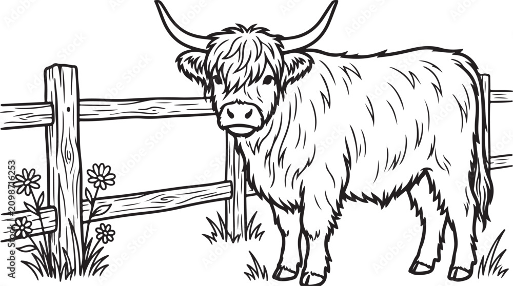 Obraz premium Highland cow standing in a grassy field with a wooden fence and flowers isolated on white background