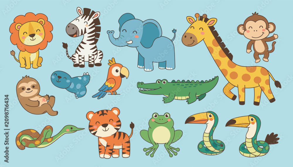 Fototapeta premium Cute cartoon safari and jungle animal characters set collection on a blue background