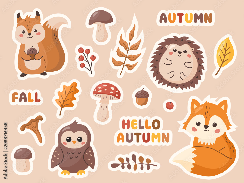 Obraz premium Set of cute autumn forest stickers. Vector illustration 