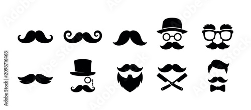 Funny Moustache Mask, solid glyph icon set, create 10 fully filled black glyph icons in a 5x2 layout showing cartoon moustache, curly moustache, father moustache, old man moustache, funny mask, flat