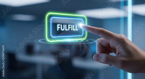 Digital fulfill button hand office hologram touch logistics commerce workflow