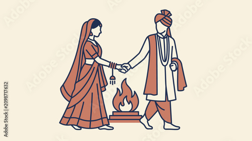 Foto Bride and Groom Taking Saptapadi Wedding Vows Line Art Style Vector Illustration