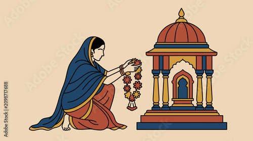 фотографія Devotee Offering Flowers at Temple Shrine Line Art Style Vector Illustration