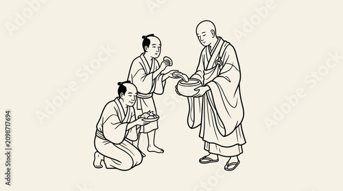 Quadro em tela Monk Receiving Alms from Villagers Line Art Style Vector Illustration
