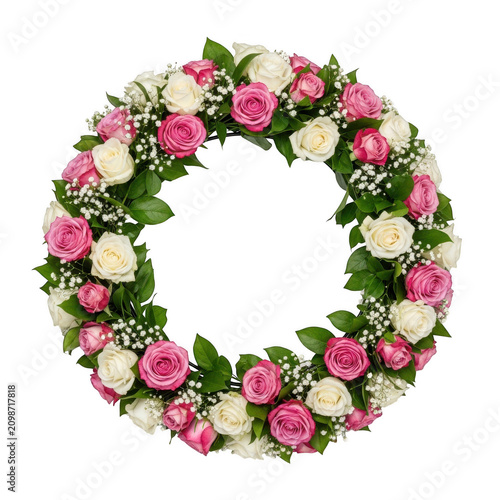 Beautiful round flower wreath made of pink and white roses with green leaves isolated on transparent background