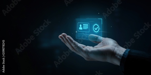 A human hand holding a digital holographic identity card with verification checkmark