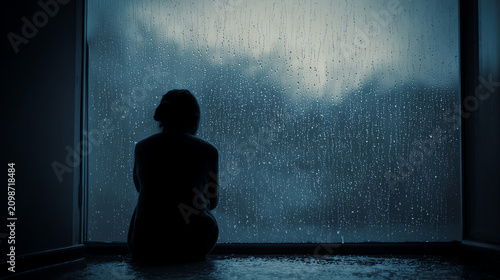 A solitary figure sits by the window, gazing thoughtfully as rain falls outside, evoking feelings of introspection and melancholy.