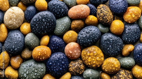 Colorful wet pebbles with dew drops