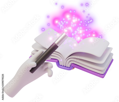 Fotografie Open spellbook and magic wand casting spell fantasy scene