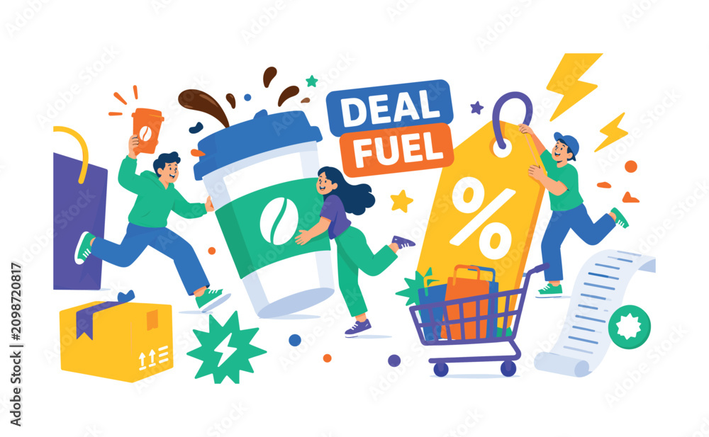 Fototapeta premium Caffeine Discount Energy banner scene with three expressive stylized human shoppers fueled by an oversized coffee cup and giant discount tag, shopping bag reaching side edge, deal lightning touching