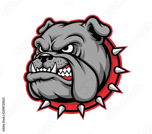 Grumpy bulldog head with spiked collar, symbolizing toughness, strength, and protective nature