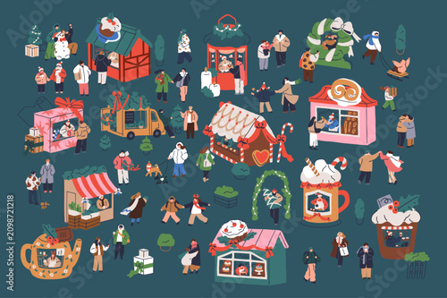 Christmas market, winter holiday fair. Seasonal Xmas and New Year bazaar, urb...