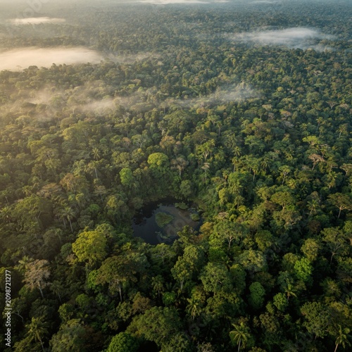 Tropical Rainforest Aerial Landscape with Misty Clouds and Serene Lake at Golden Sunrise