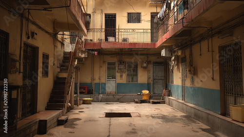 An abandoned courtyard showcasing weathered walls, staircases, and empty spaces, highlighting urban decay and historical charm.