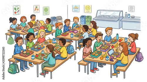 Children eating lunch together in a school cafeteria enjoying their meals and socializing.