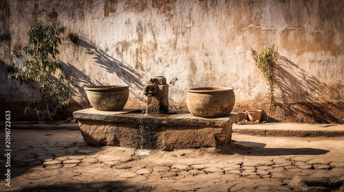 An ancient stone fountain surrounded by rustic walls and clay pots, capturing a serene and historical atmosphere.