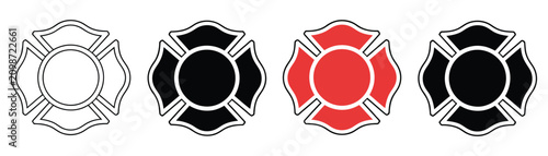Maltese Cross Firefighter Icon Set Featuring Outline, Glyph Silhouette, and Red Emblem Design for Fire Rescue and Emergency Services.