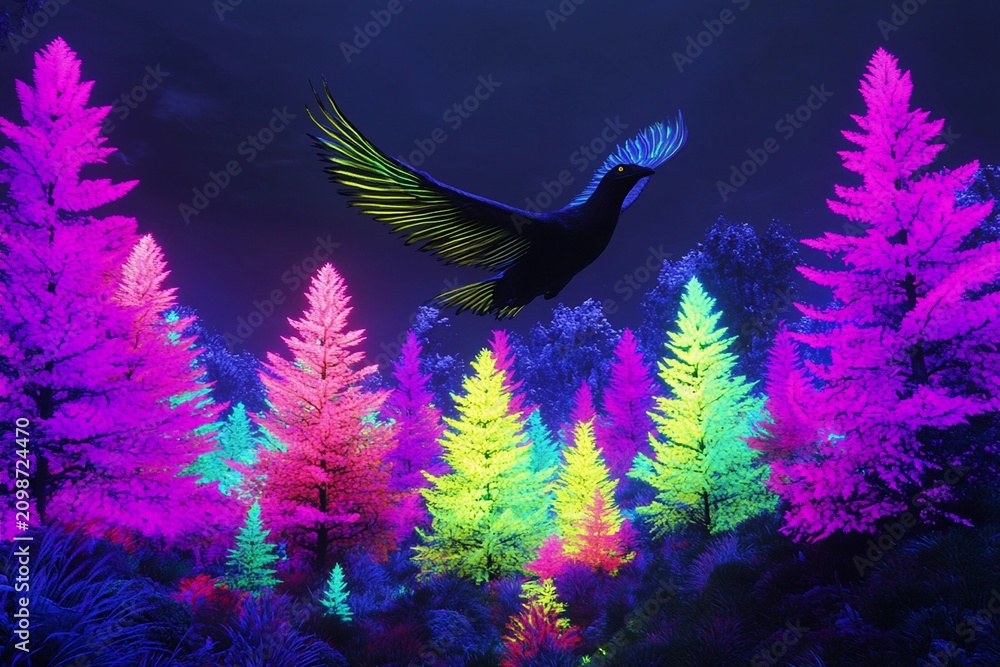 Obraz premium Giant bird soars above vibrant forest filled with colorful trees and magical atmosphere in daytime